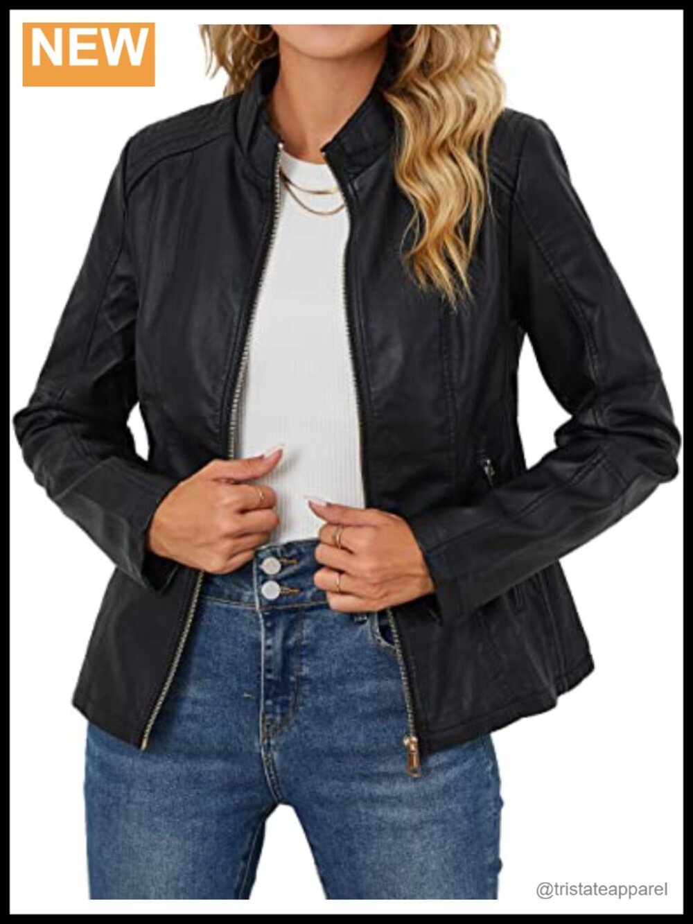 Women's Faux Leather Moto Jacket Stand Collar Zipper